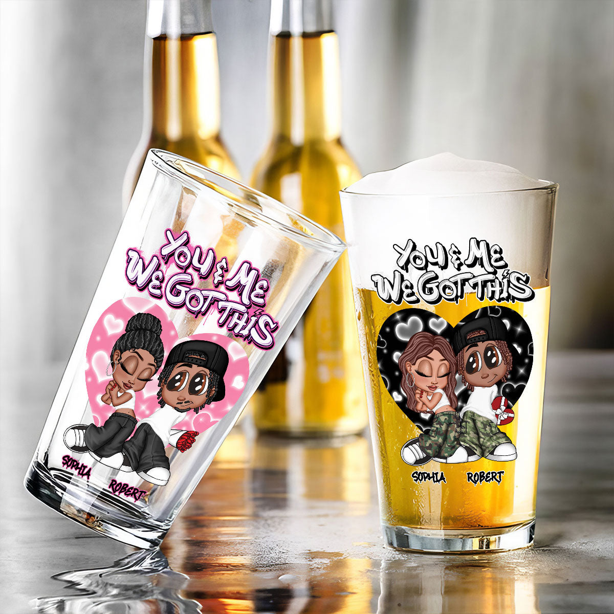 Y2K Couple Airbrushed Personalized Beer Glass, Pint Glass, Gift For Him, Gift For Her