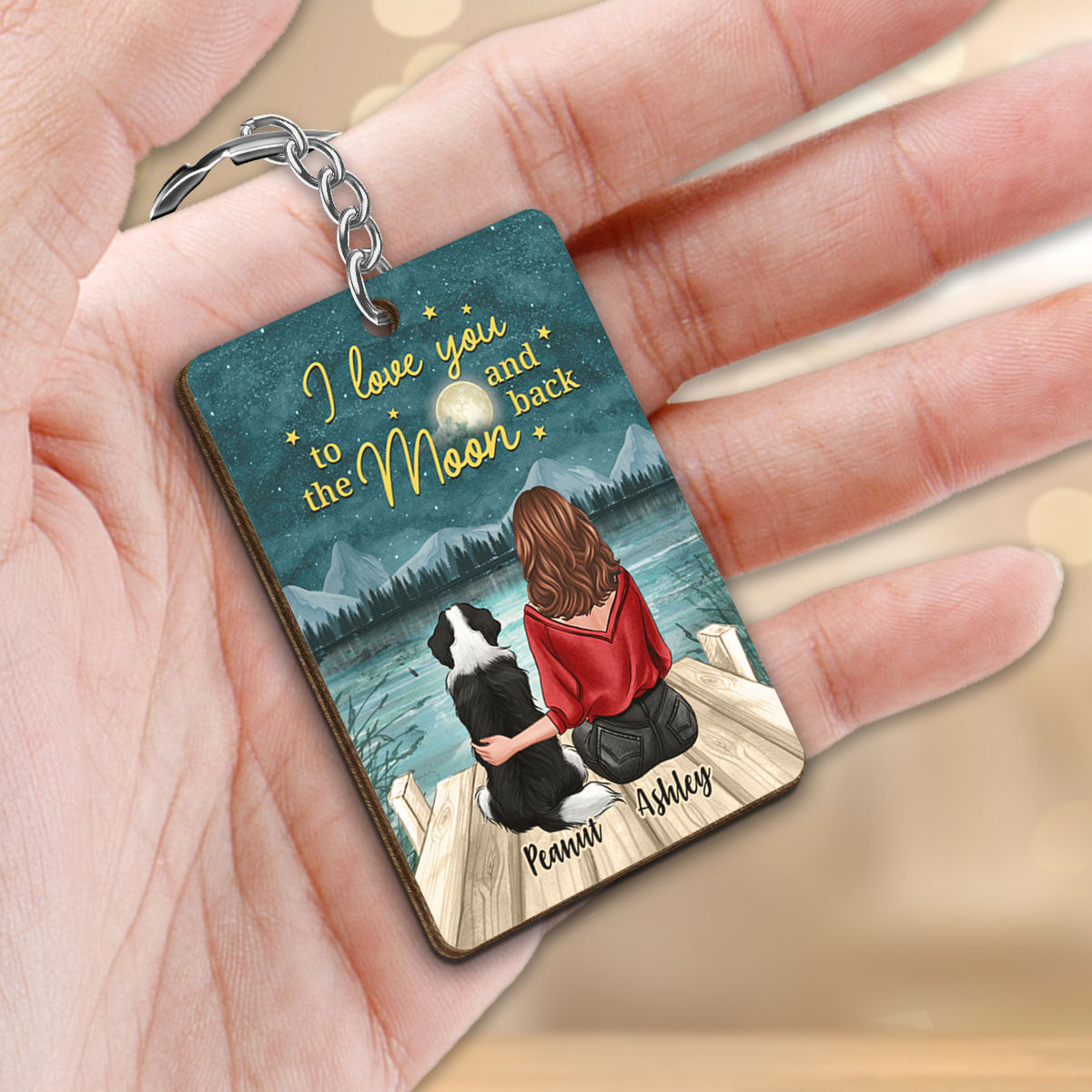 Back View Woman Sitting With Dogs I Love You To The Moon And Back Personalized Wooden Keychain