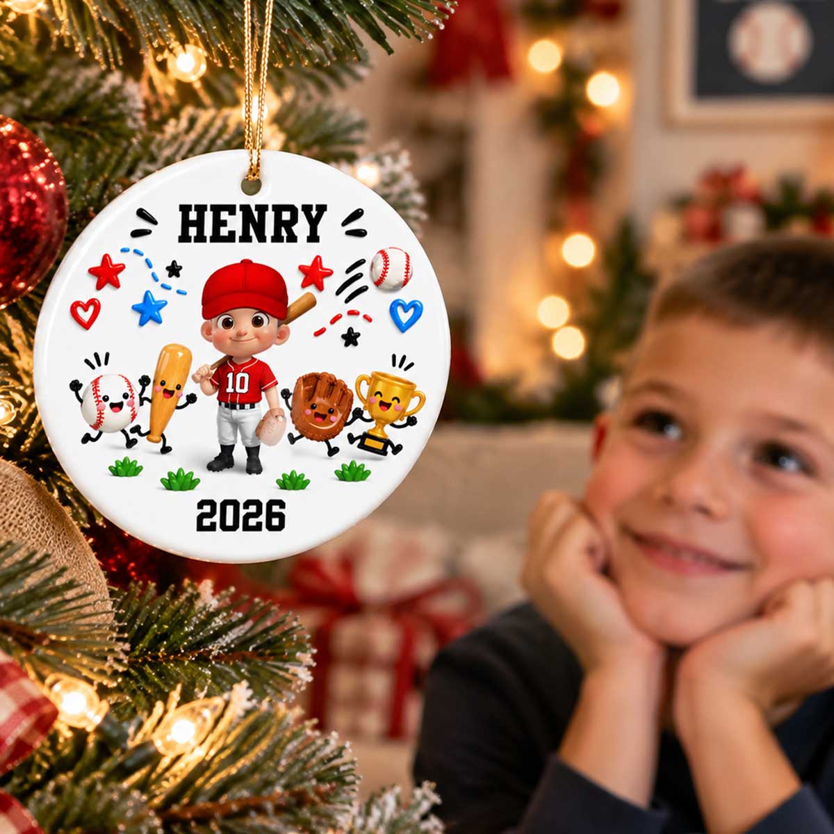 Cute Things Baseball Player 2D Flat Printed- Personalized Ceramic Ornament - Christmas Gift For Son, Grandson, Daughter, Granddaughter