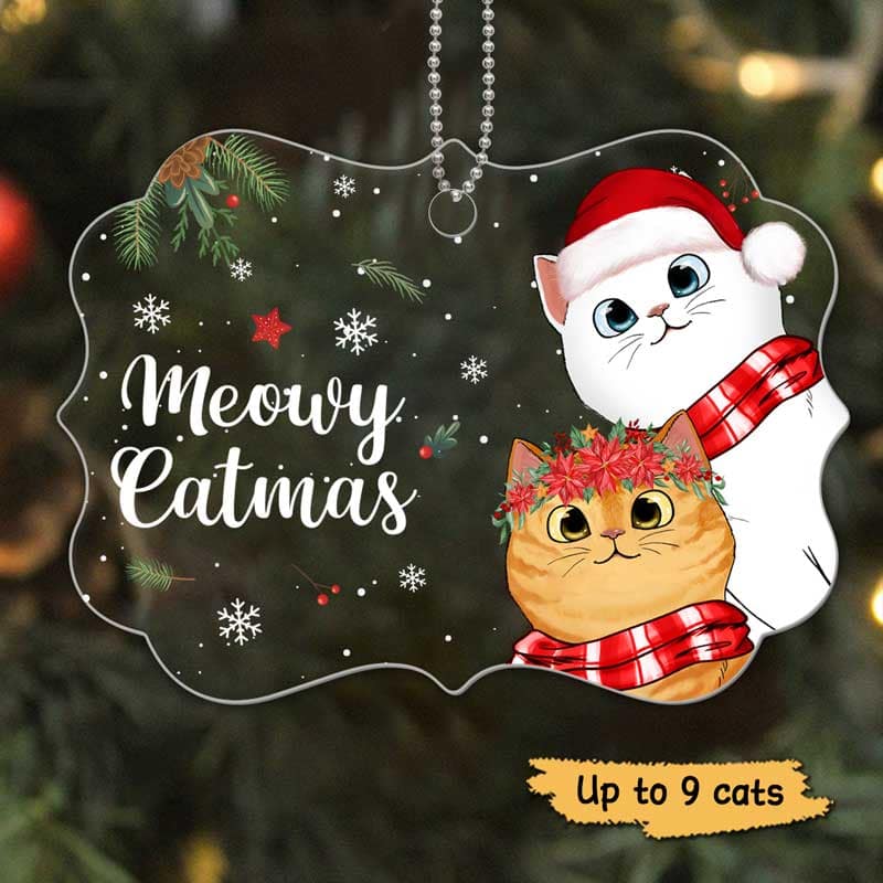 Meowy Catmas Cute Peeking Cat Christmas Personalized Acrylic Ornament