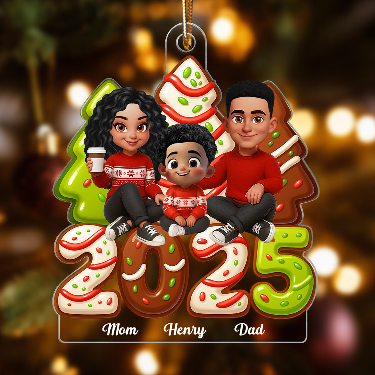 Christmas Tree Cake Family Sitting 2025 Personalized Acrylic Ornament, Christmas Decor for Family