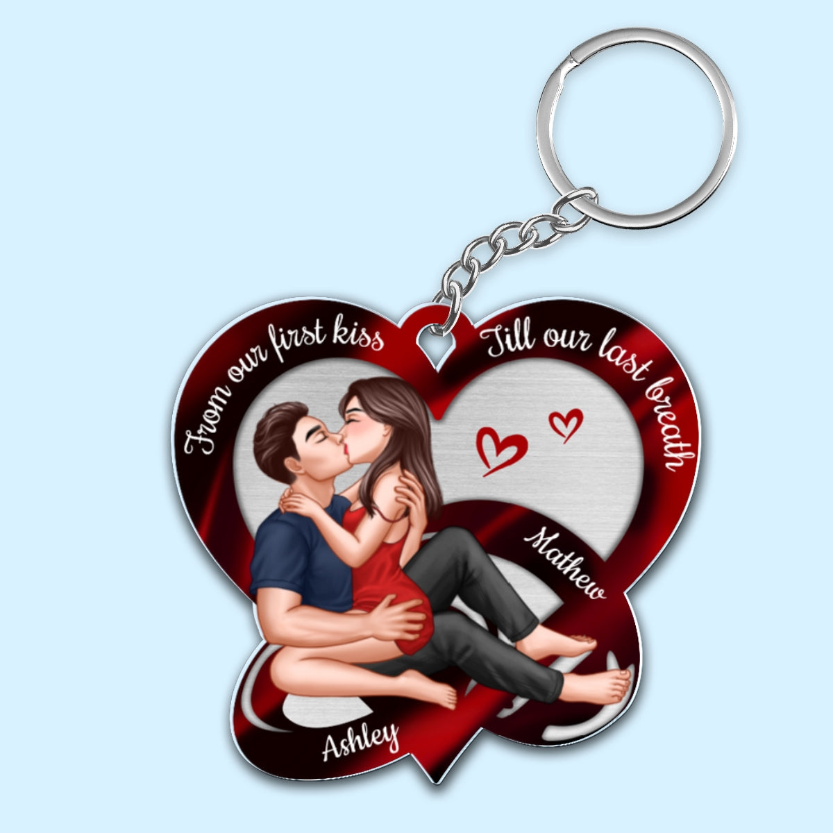 Sexy Couple Kissing Red Heart Rings Personalized Acrylic Keychain