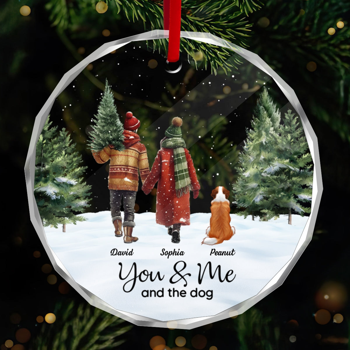 Couple You & Me And The Dog In Snowy Christmas Personalized Glass Ornament
