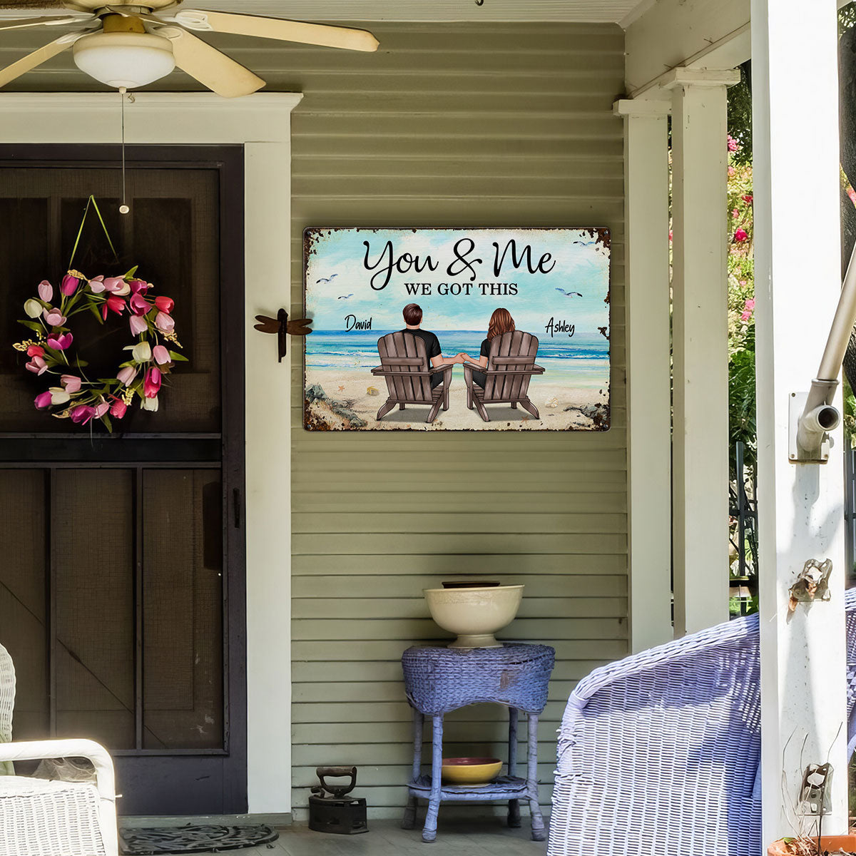 Back View Couple Sitting Beach Landscape Personalized Metal Sign