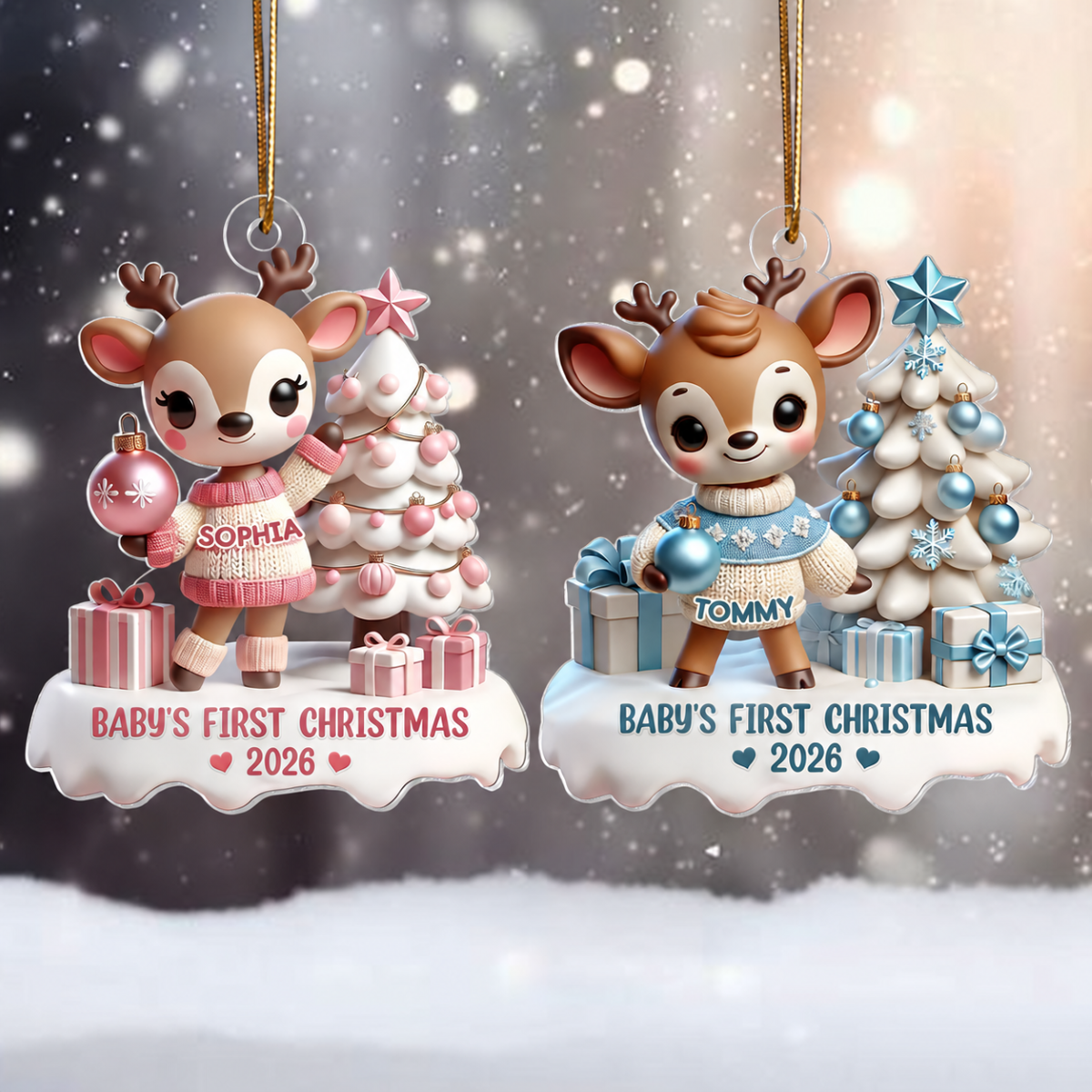 3D Effect Cute Reindeer Baby's First Christmas Personalized Acrylic Ornament, Christmas Gift For Newborns, New Parents