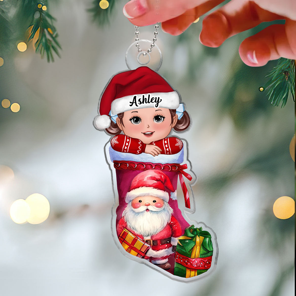 Cute Kid In Christmas Stocking Personalized Acrylic Ornament, Gift For Son, Daughter, Grandson, Granddaughter, Grandchildren
