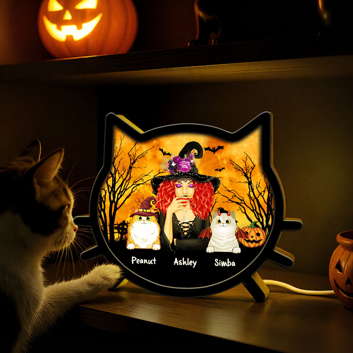 Spooky Halloween Theme Cat Mom Cat Face Personalized LED Light Box