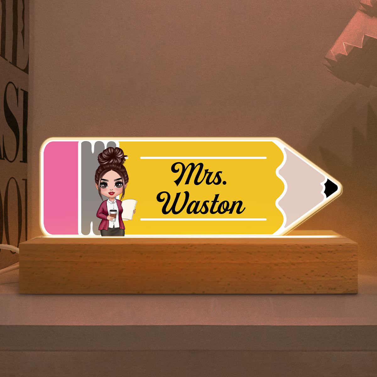 Doll Teacher Pencil Shaped Personalized Acrylic LED Night