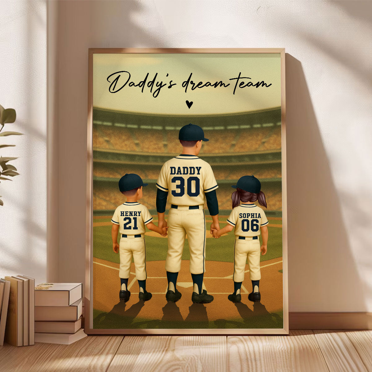 Daddy's Dream Team No. 1 Dad Man & Kids Baseball Retro Personalized Poster