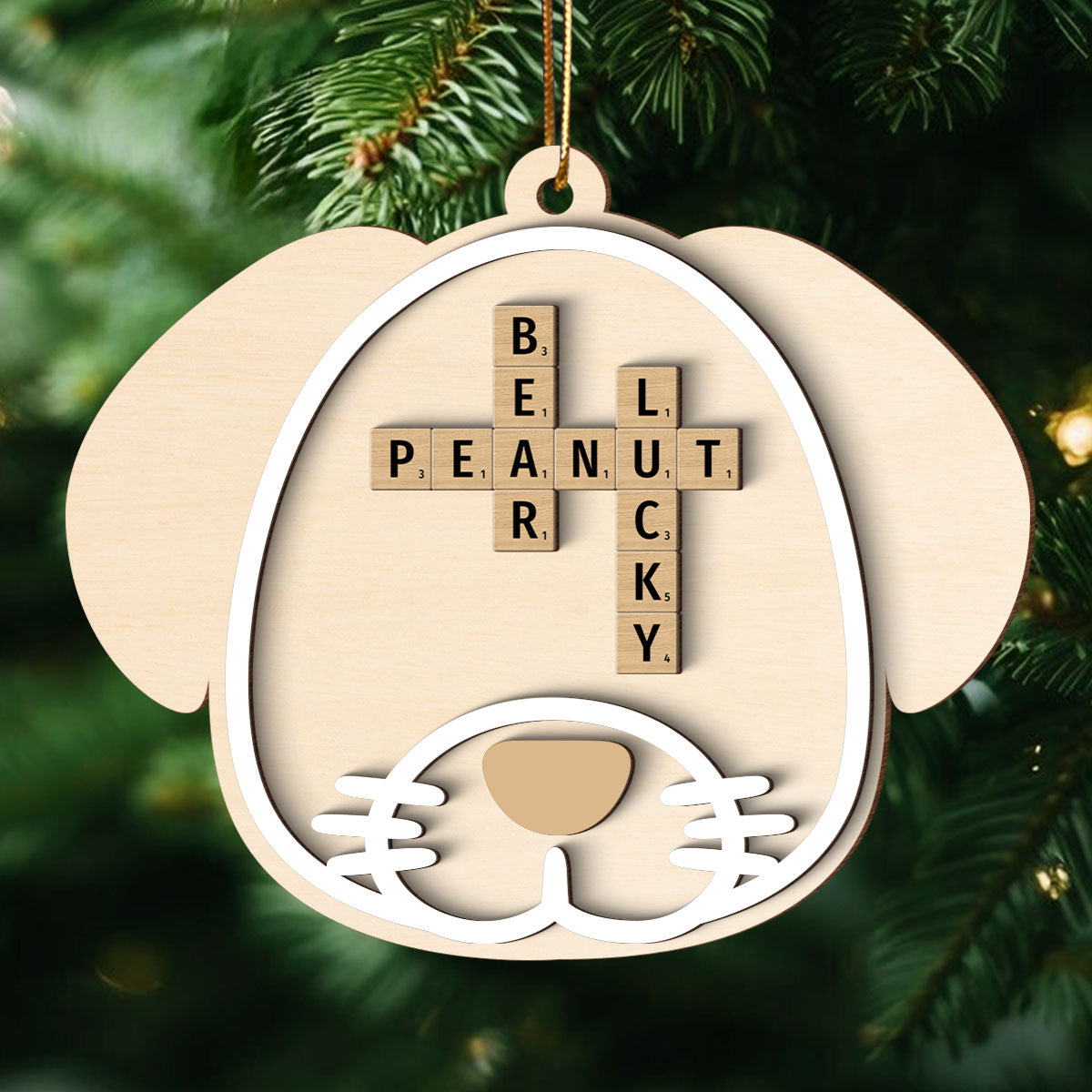 Dog Face Crossword Names Personalized 2-Layer Wooden Ornament, Christmas Gift for Dog Lovers