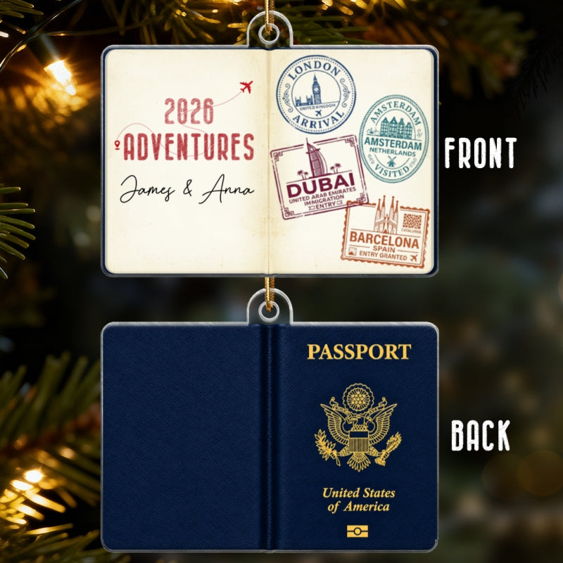 Travel Passport Stamps - Personalized Acrylic Ornament - Custom Adventure Keepsake Gift for Couples & Travelers