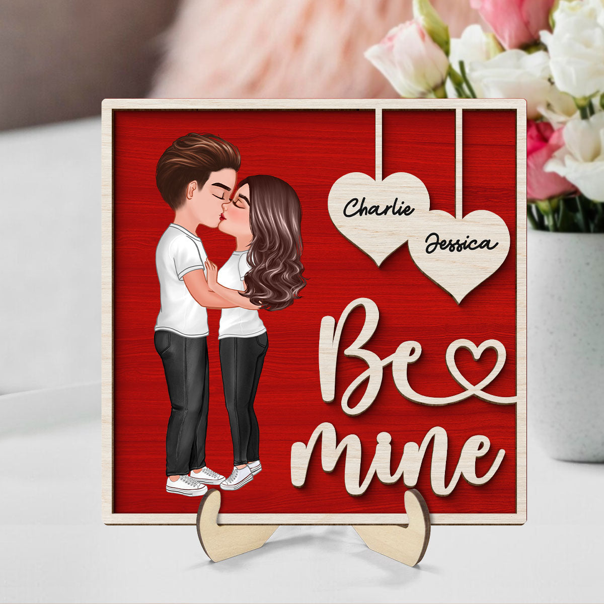 Couple Kissing Valentine‘s Day Gift For Him For Her Personalized 2-Layer Wooden Plaque
