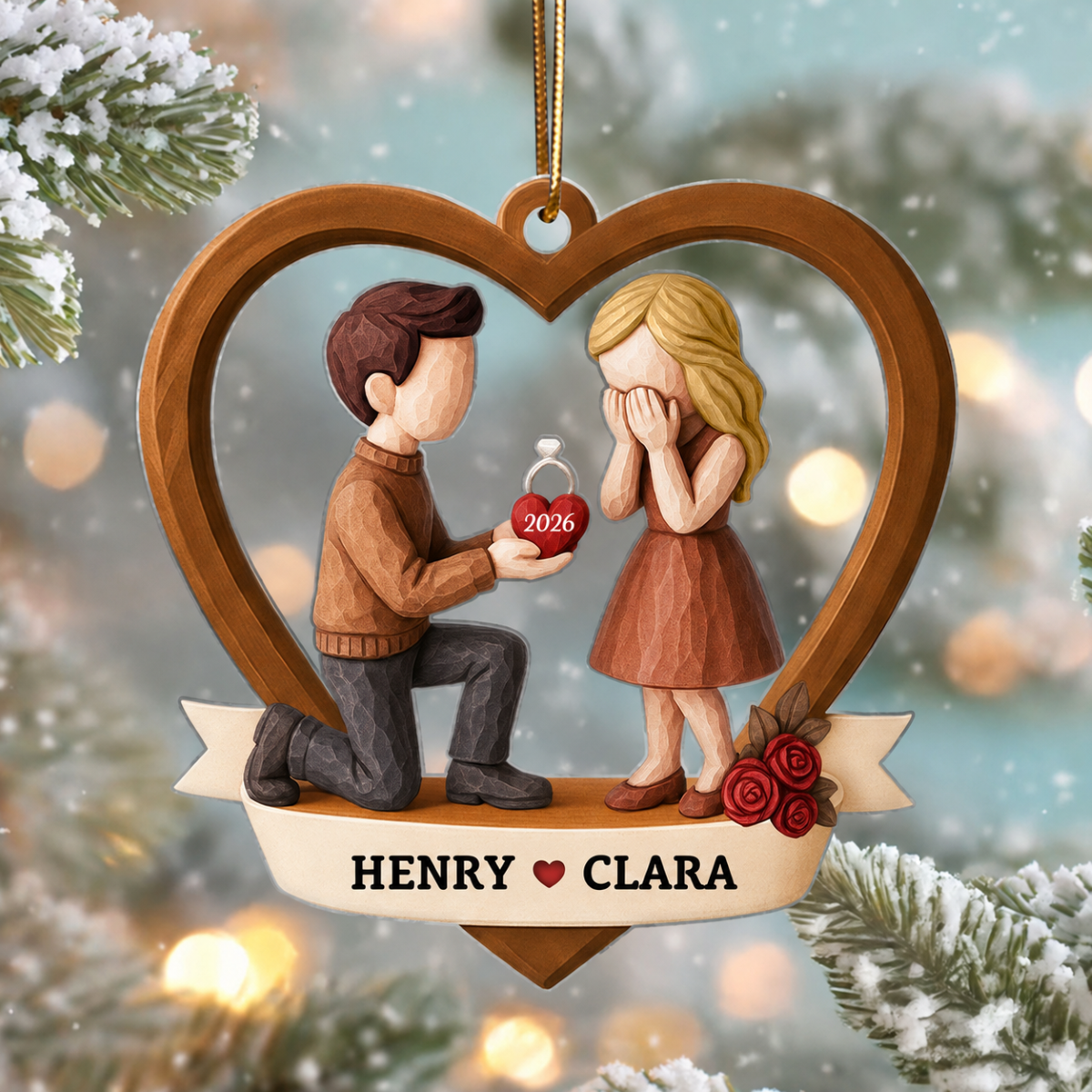 Couple Marriage Proposal 3D Wooden Effect - Personalized Acrylic Ornament - Newly Engaged Gift, "She Said Yes!" Christmas Ornament