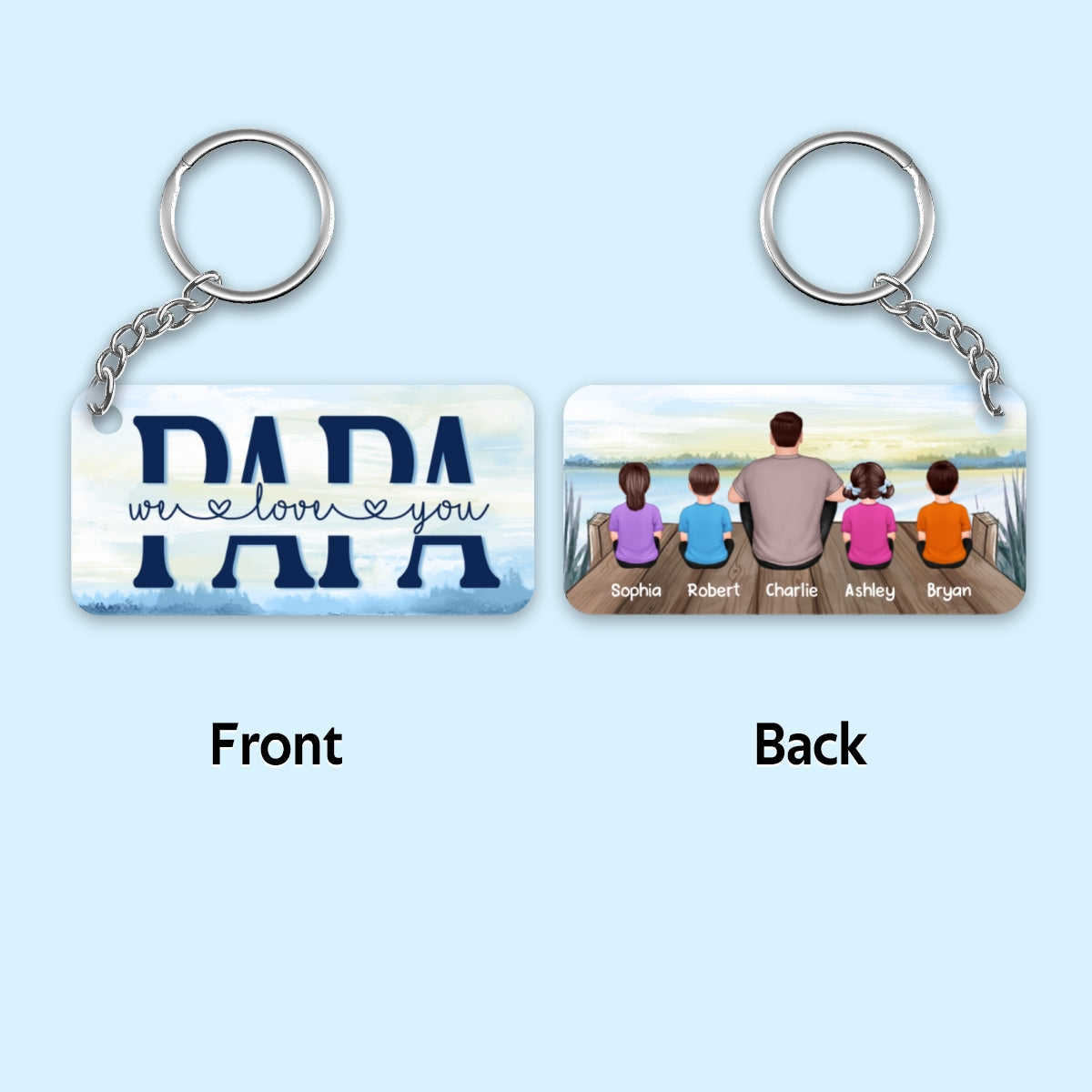 Papa And Kids Sitting Back View Lake Personalized Acrylic Keychain