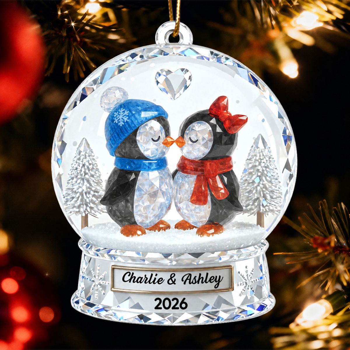 Penguin Couple 3D Crystal Effect - Personalized Acrylic Ornament - Christmas Gift for him, Gift for her