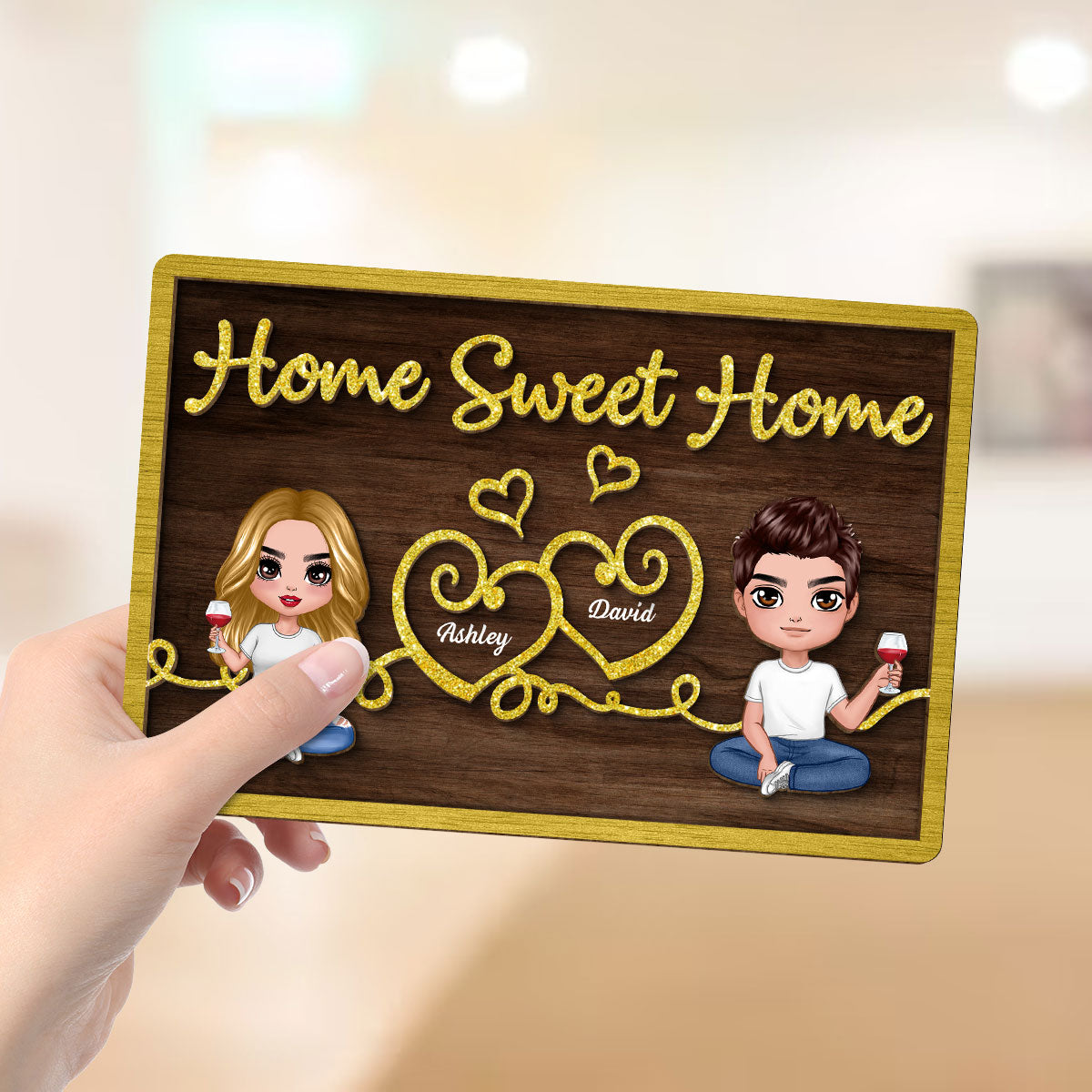 Doll Couple Sitting Home Sweet Home Valentine‘s Day Gift For Him For Her Personalized 2-Layer Wooden Plaque