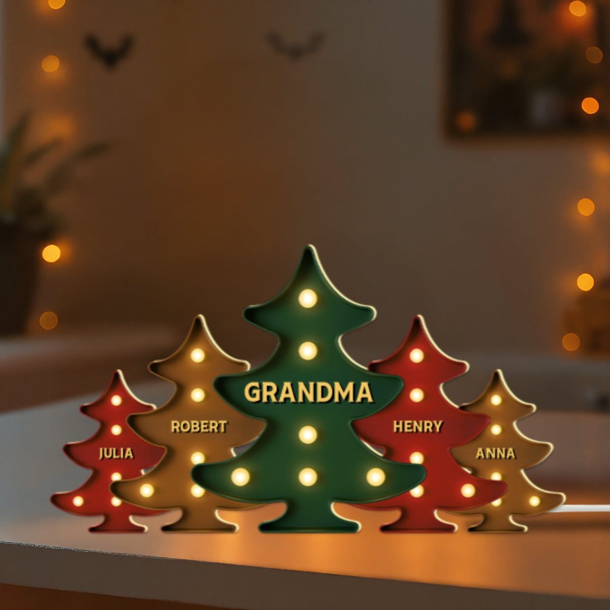 3D Effect Retro Vintage Christmas Tree Grandma Grandkids - Personalized Light Box - Gift For Grandmas