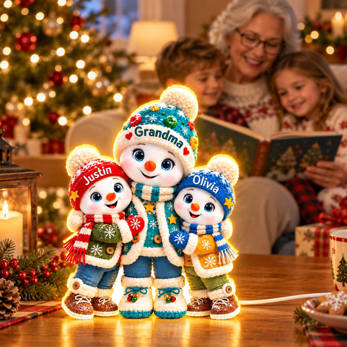 Cute Snowman Grandma and Grandkids - Personalized Light Box - Christmas Gift for Grandma 
