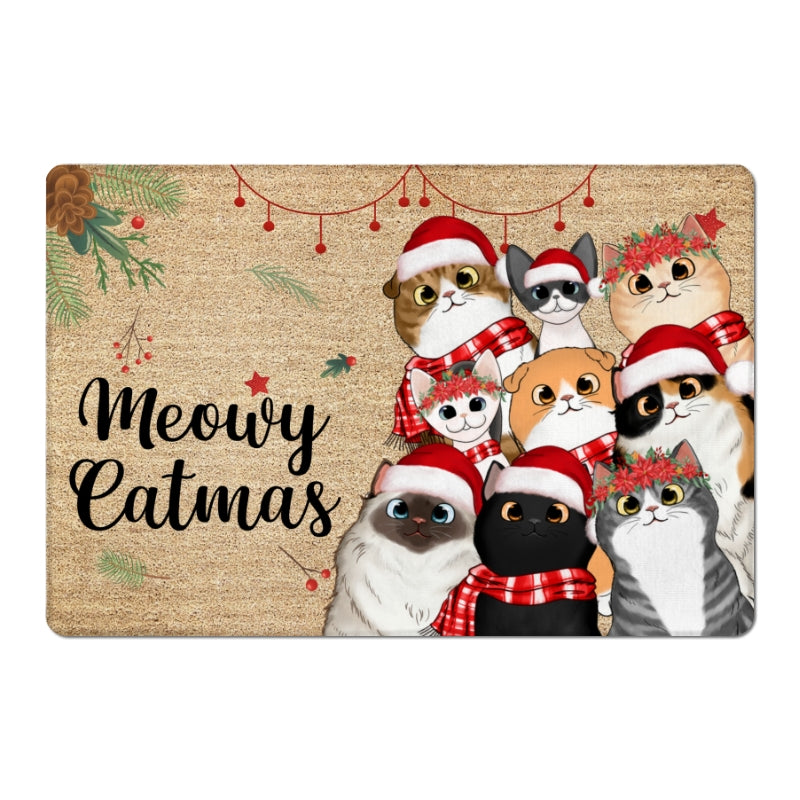 Meowy Catmas Cute Peeking Fluffy Cat Christmas Personalized Doormat
