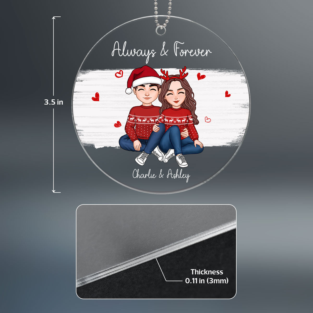 Watercolor Christmas Cute Couple Sitting Hugging Personalized Acrylic Ornament