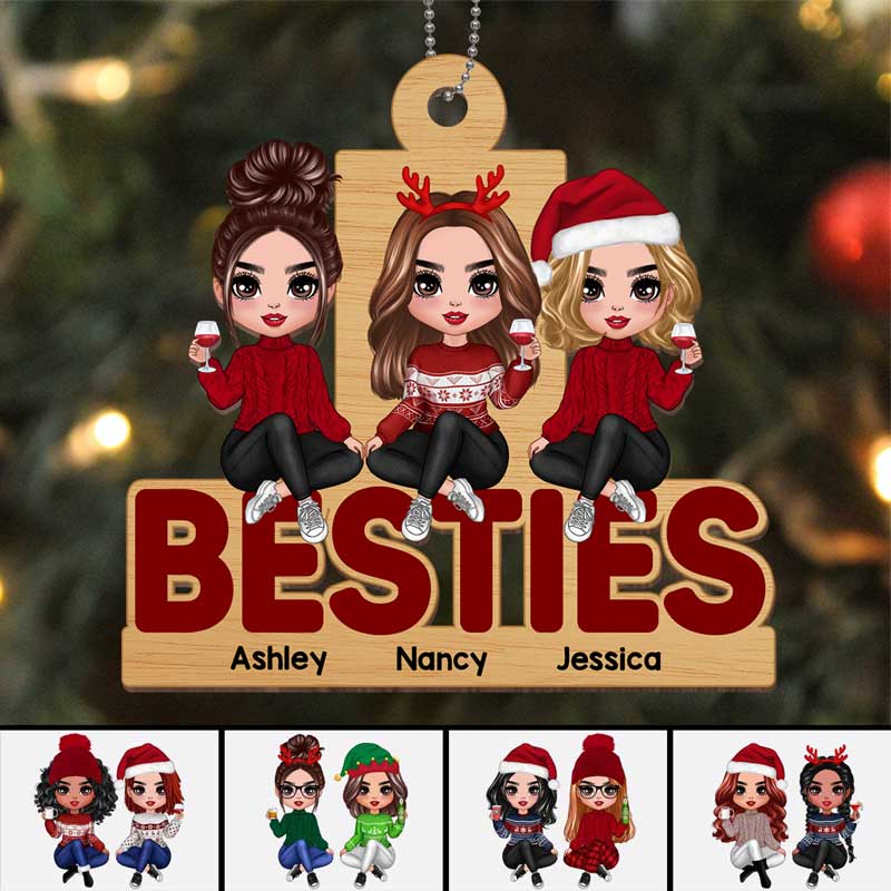 Doll Besties Sitting On Word Personalized Wooden Ornament