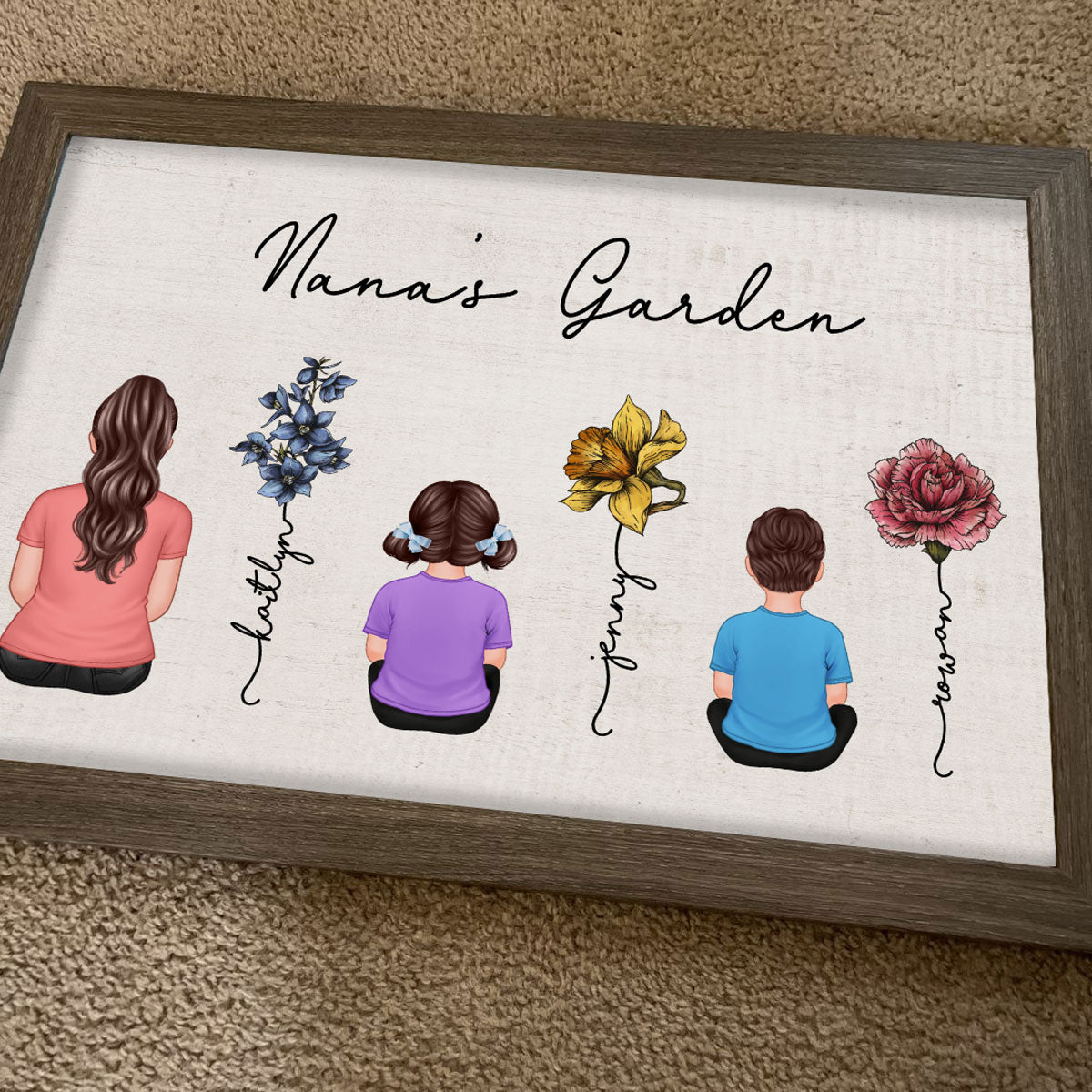 Vintage Birth Month Flowers Garden With Grandkids Names Personalized Poster, Perfect Gift For Grandma Mom Auntie