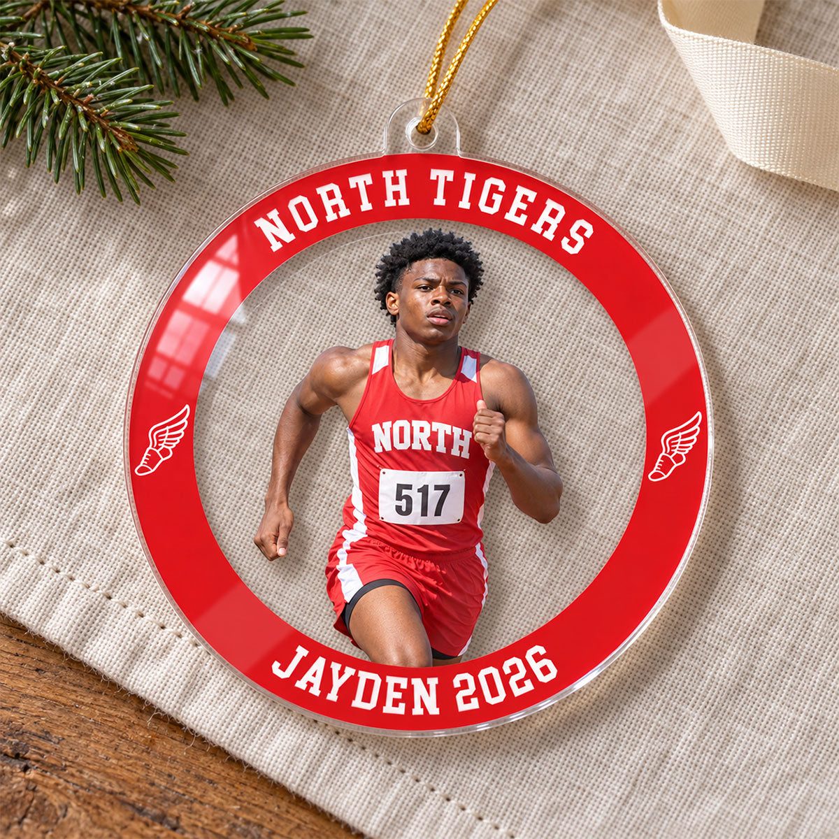 Custom Photo Flag Track & Field - Personalized Acrylic Ornament - Track & Field Keepsake, Christmas Gift for Daughter, Son, Grandkids
