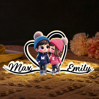 Cute Cartoon Couple Walking Heart Shape With Names Personalized Light Box, Anniversary Gift for Him for Her