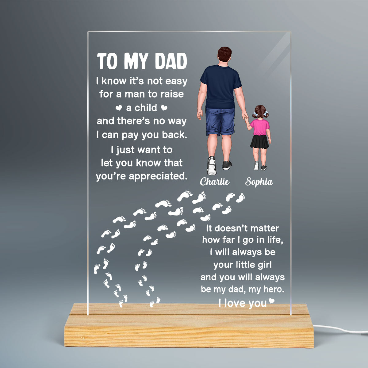 Dear Dad Back View Man Dad And Kids Walking Father‘s Day Gift Personalized Rectangle Acrylic Plaque LED Night Light