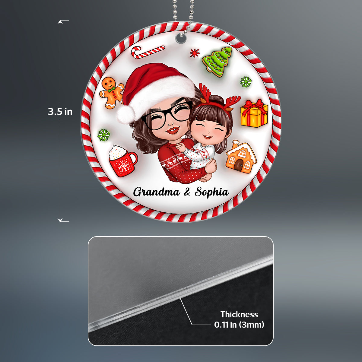 3D Christmas Things Pattern Doll Grandma Mom Hugging Kid Gift For Granddaughter Grandson Personalized Acrylic Ornament