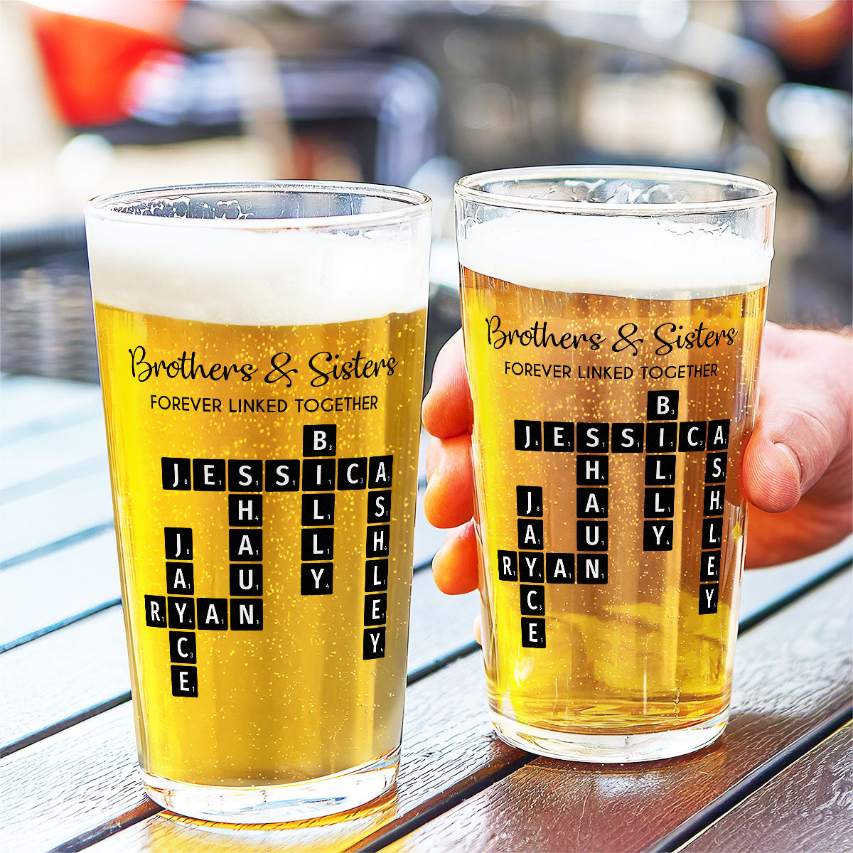 Brothers & Sisters Forever Linked Together Crossword Puzzle Art Personalized Beer Glass, Gift For Brothers, Sisters, Siblings, Family