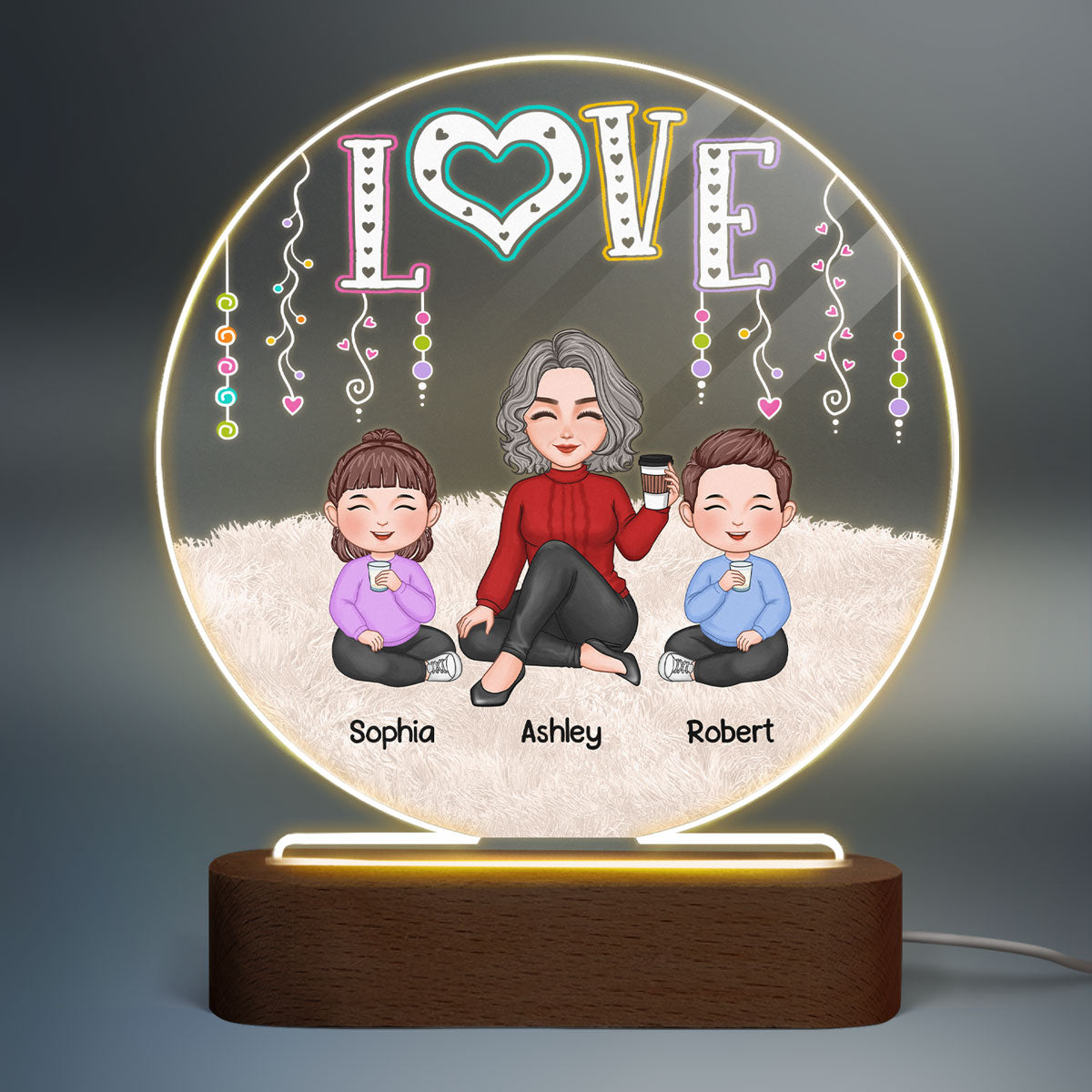 LOVE Cute Grandma Grandkids Sitting On Carpet Personalized Circle Acrylic Plaque With LED Night Light