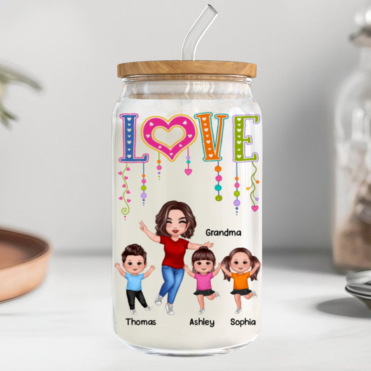 LOVE Happy Doll Grandma With Kids Personalized Clear Glass Can