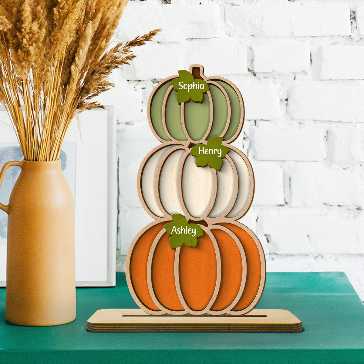 Fall Season Pumpkins Stack With Names Personalized 2-Layer Wooden Standing Plaque