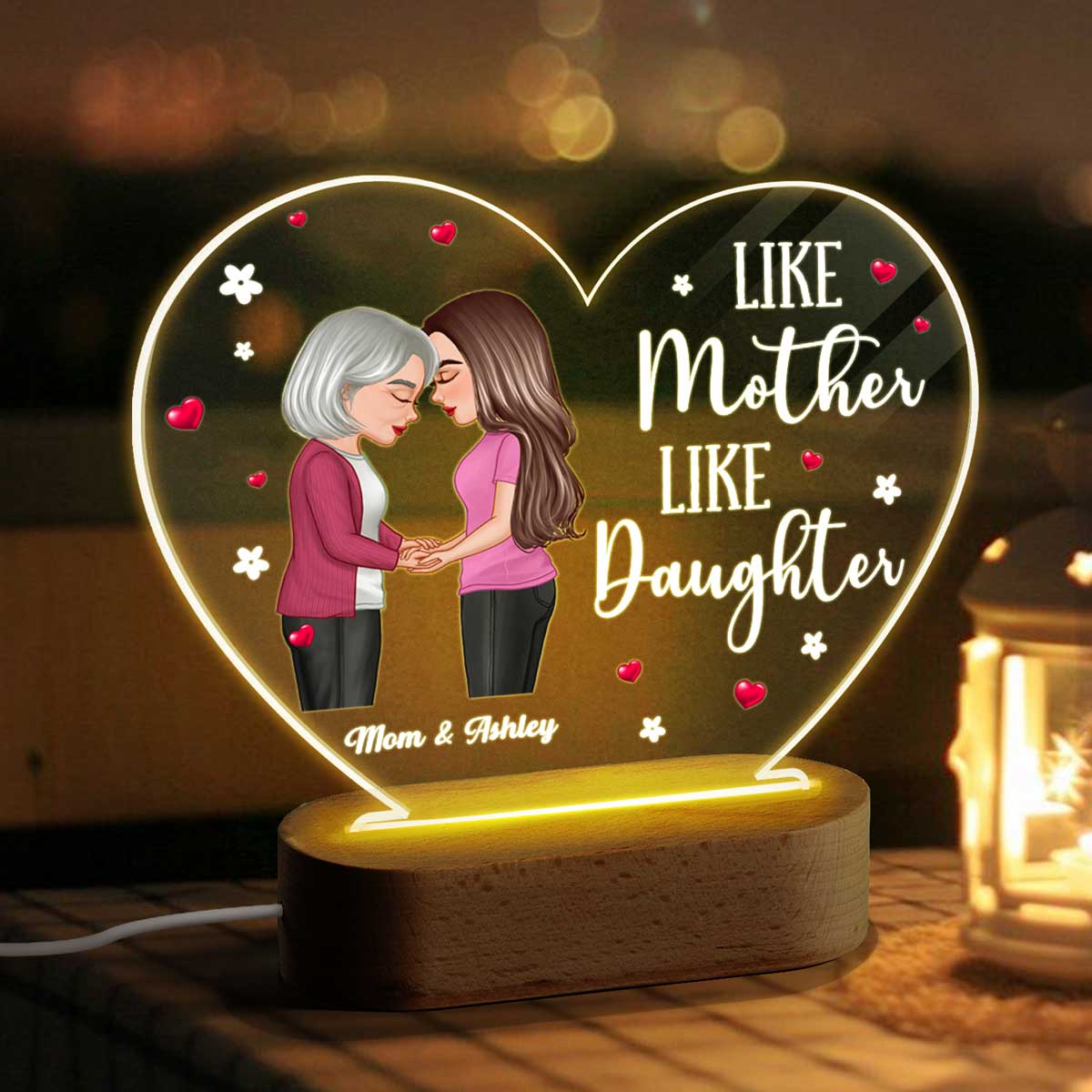 Mom Daughter Holding Hand Personalized Acrylic Heart Plaque With LED Night Light