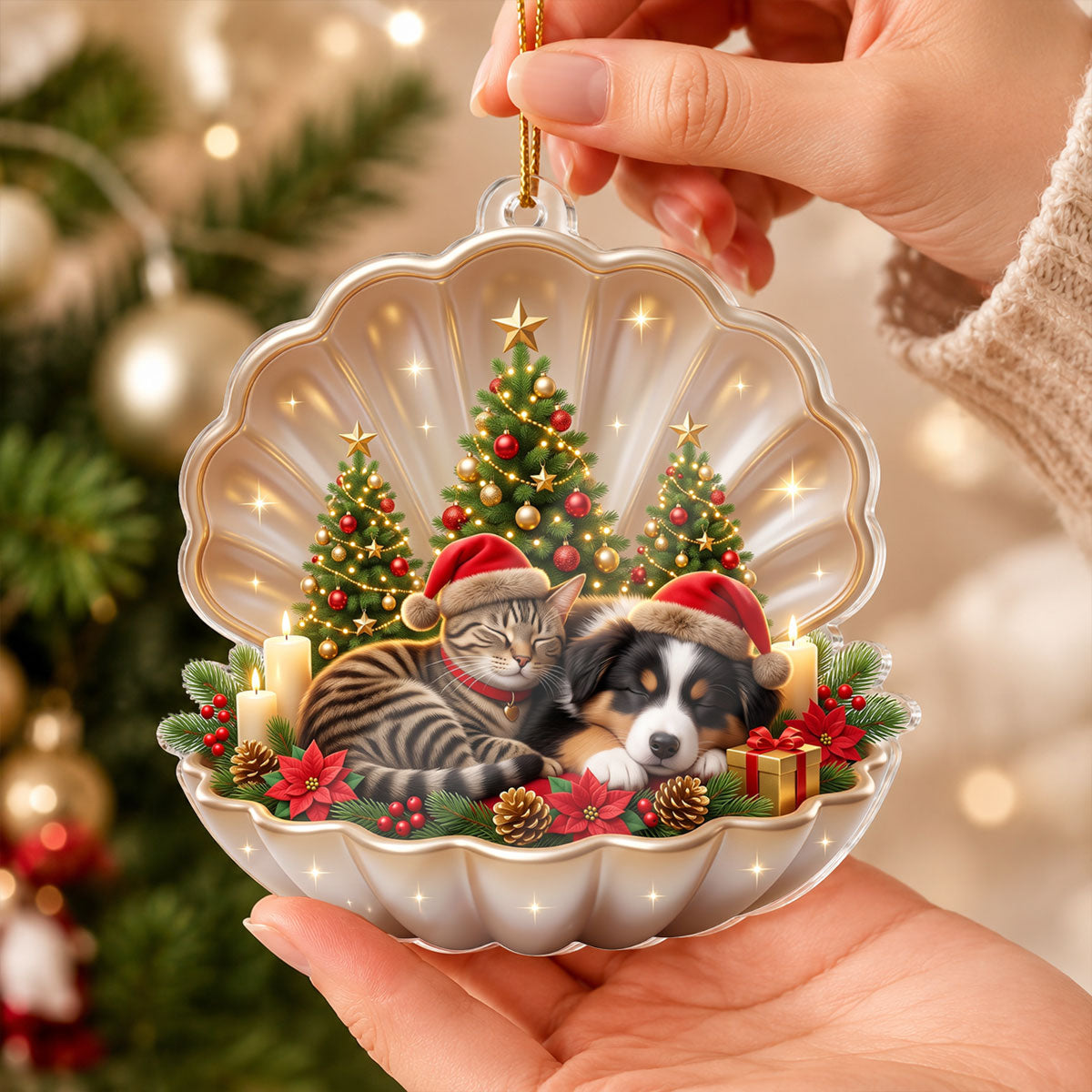 Dog Cat Sleeping in Pearl Shell - Personalized Acrylic Ornament - Christmas Gift for Pet Lovers