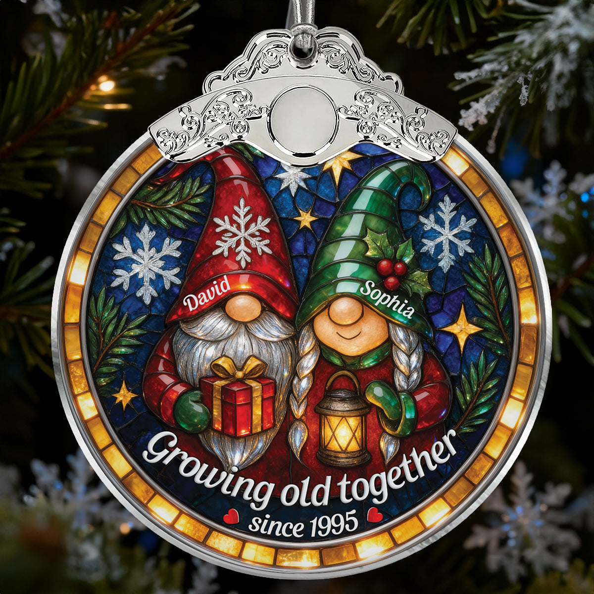 Retro Vintage Gnome Couple Growing Old Together Stained Glass Style - Personalized Glass Ornament With Silver Cap