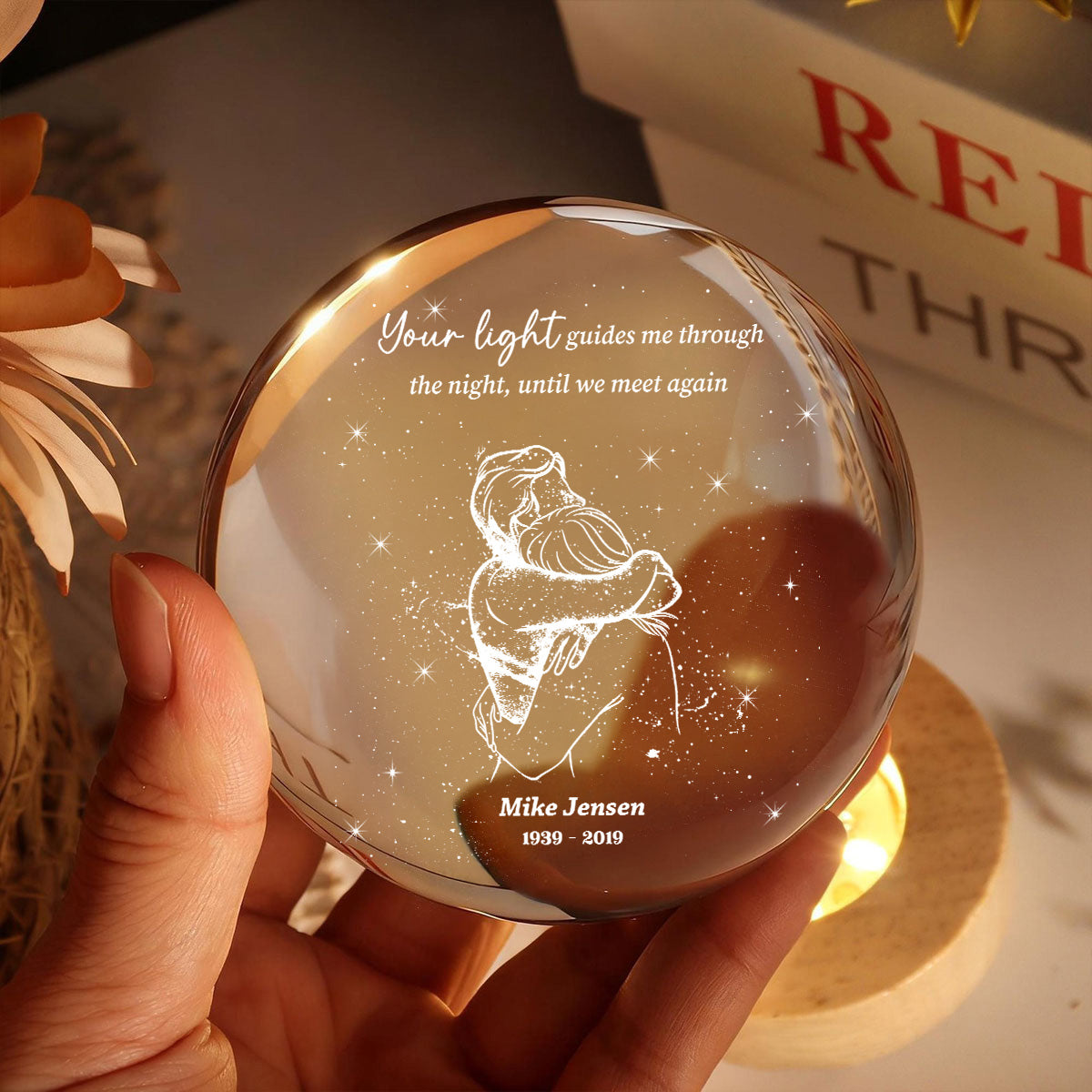 A Piece Of My Heart Lives in Heaven Couple Hugging - Personalized Crystal Ball LED Night Light - Memorial Remembrance Keepsake