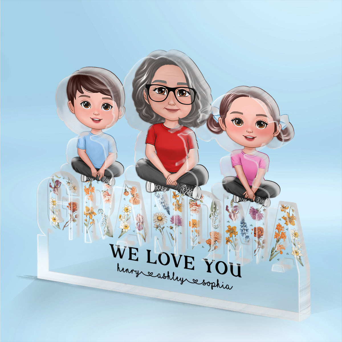 Grandma Granddaughters Grandsons Sitting On Word Vintage Flowers Personalized Acrylic Block Plaque