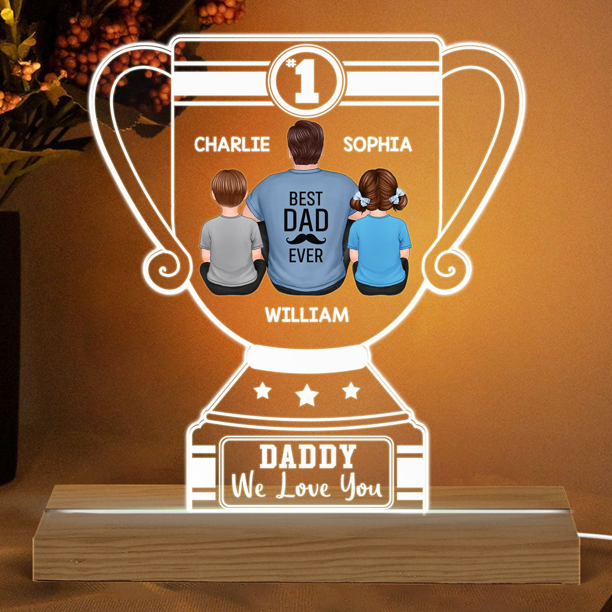 Number 1 Dad Grandpa Back View Trophy Personalized Acrylic Custom Shape LED Night Light