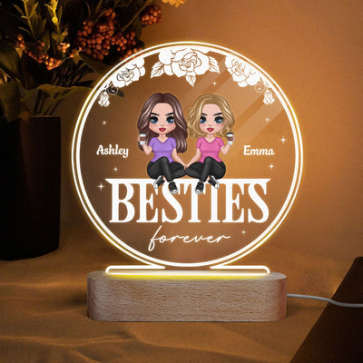 Doll Besties Sisters Sitting On Word Personalized Circle Acrylic Plaque LED Lamp Night Light