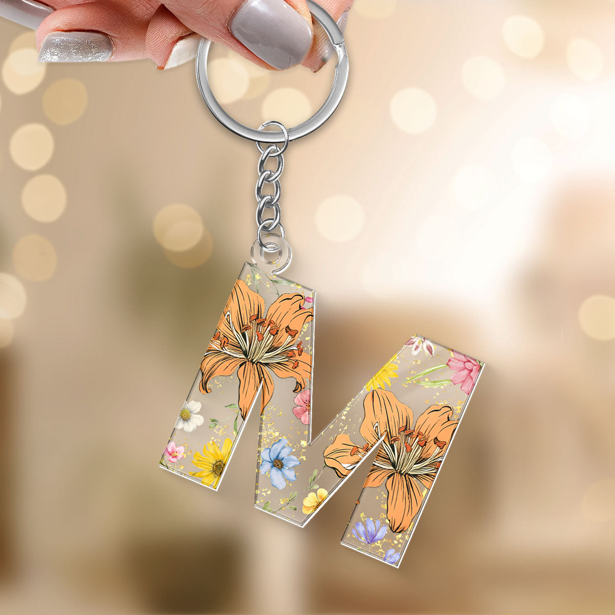 Birth Month Flower Initial Letter Personalized Acrylic Keychain, Gift For Her