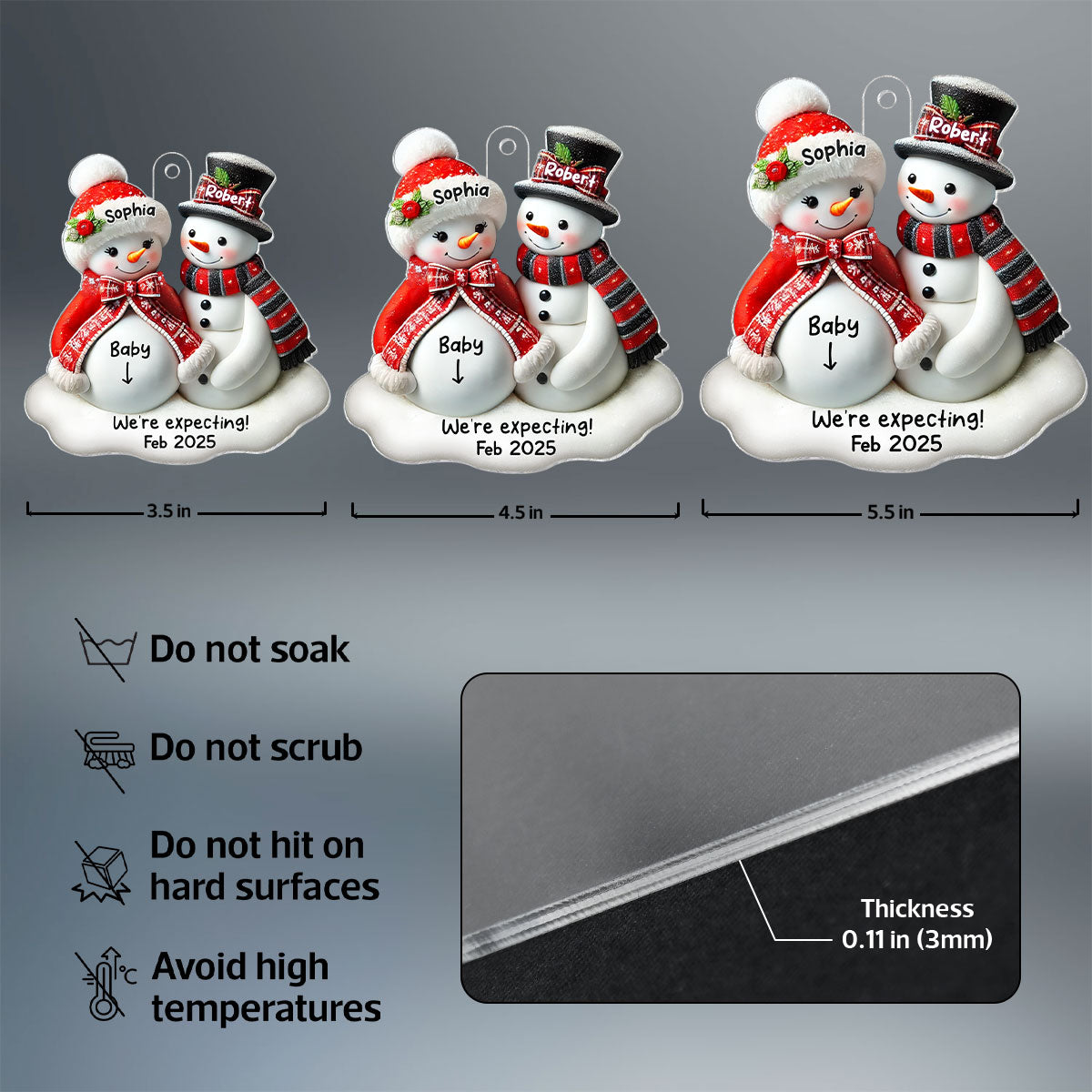 Snowman Couple Expecting Parents Pregnancy Announcement 3D Effect Keepsake Personalized Acrylic Ornament