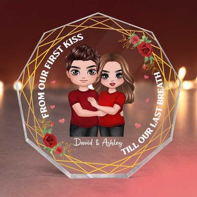 Standing Embracing Doll Couple Flower Personalized Nonagon Acrylic Plaque - Gift For Him Gift For Her