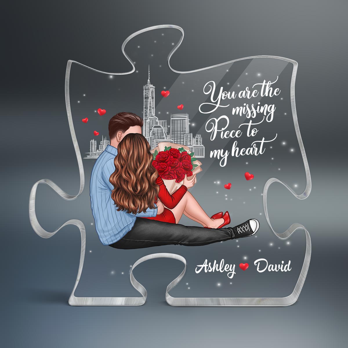 Missing Piece Embracing Sitting Couple Valentine‘s Day Gift - Gift For Him, Gift For Her - Personalized Puzzle Acrylic Plaque