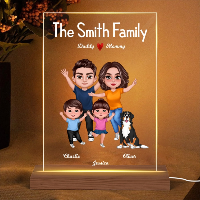 Happy Family Pretty Doll Couple Dad Mom Kids Dogs Cats Personalized Rectangle Acrylic Plaque LED Lamp Night Light