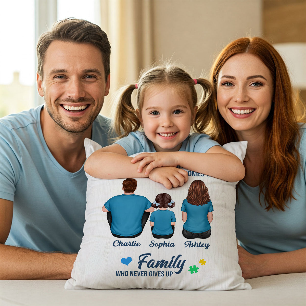 Autism Comes With A Family Never Give Up Family Back View Personalized Pillow