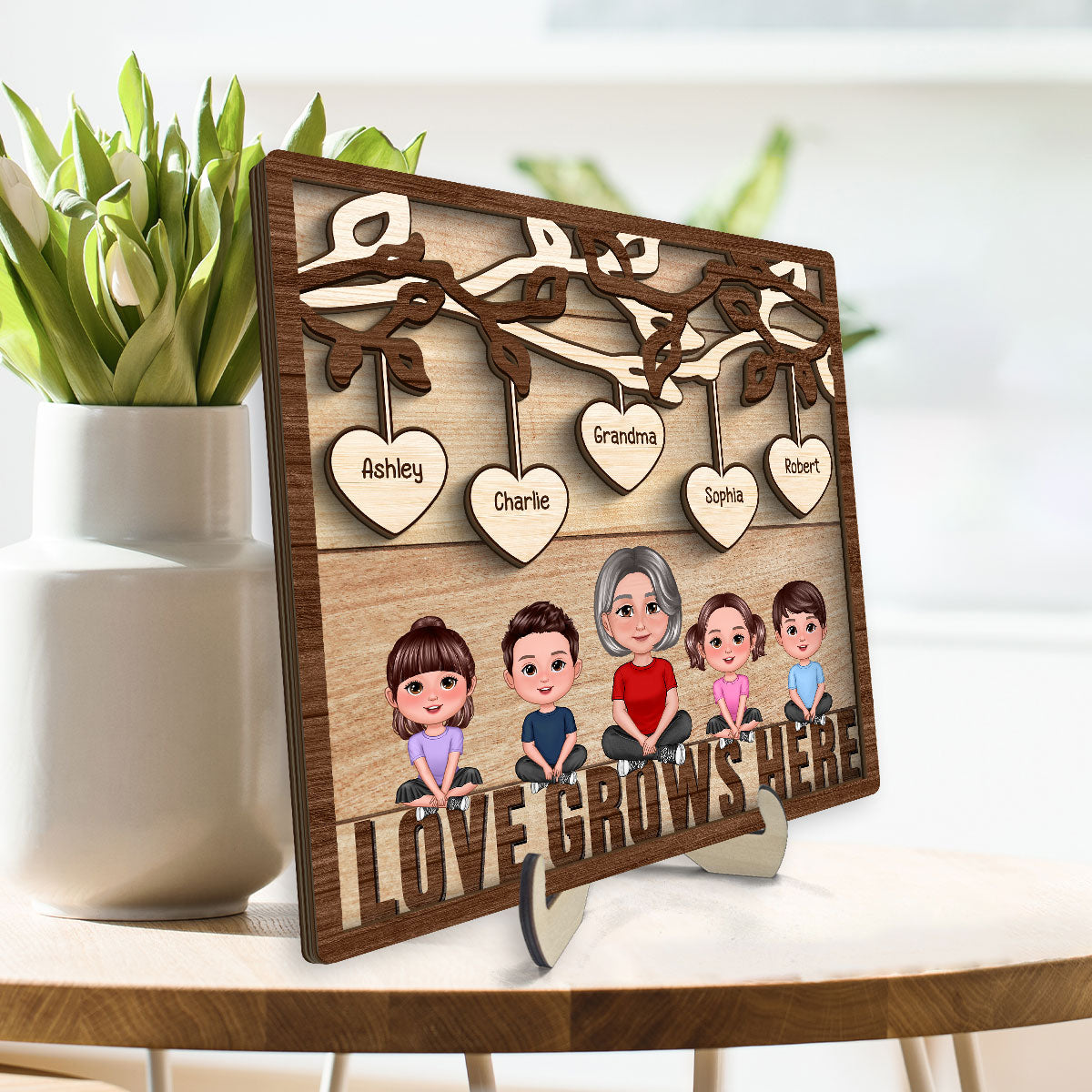Love Grows Here Grandma Grandkids Personalized 2-Layer Wooden Plaque