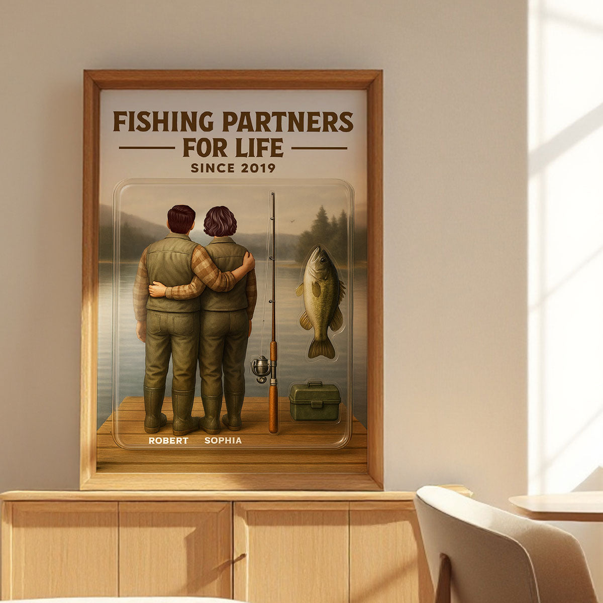 3D Effect Custom Figure Couple Fishing Partners For Life Personalized Poster