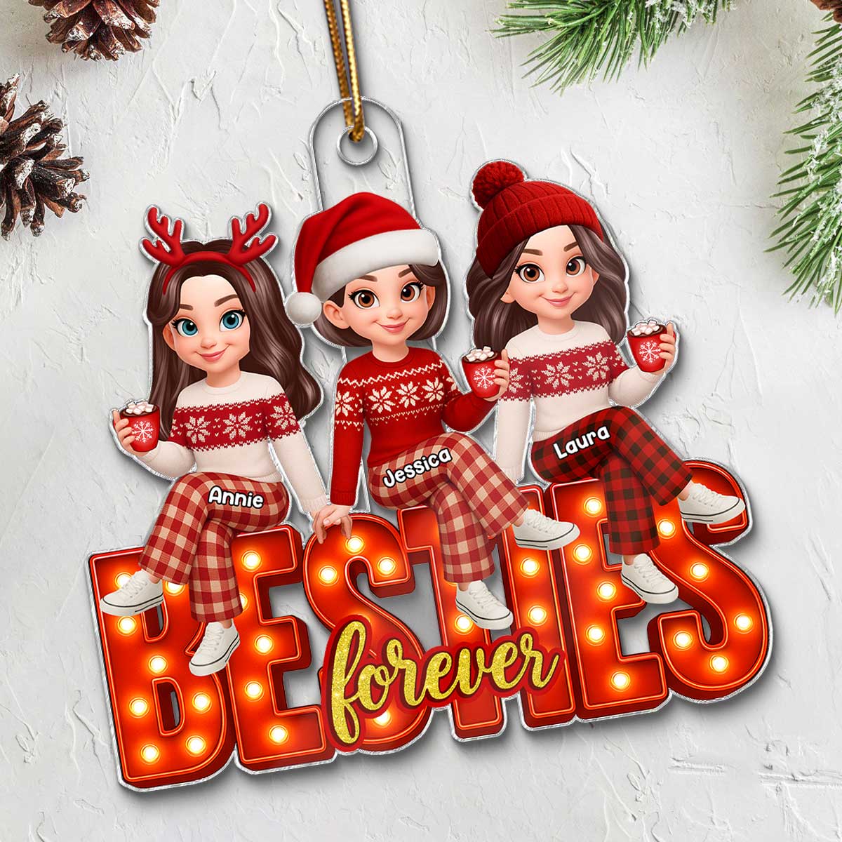 3D Effect Christmas Besties Forever Marquee Effect - Personalized Acrylic Ornament - Christmas Gift For Best Friends